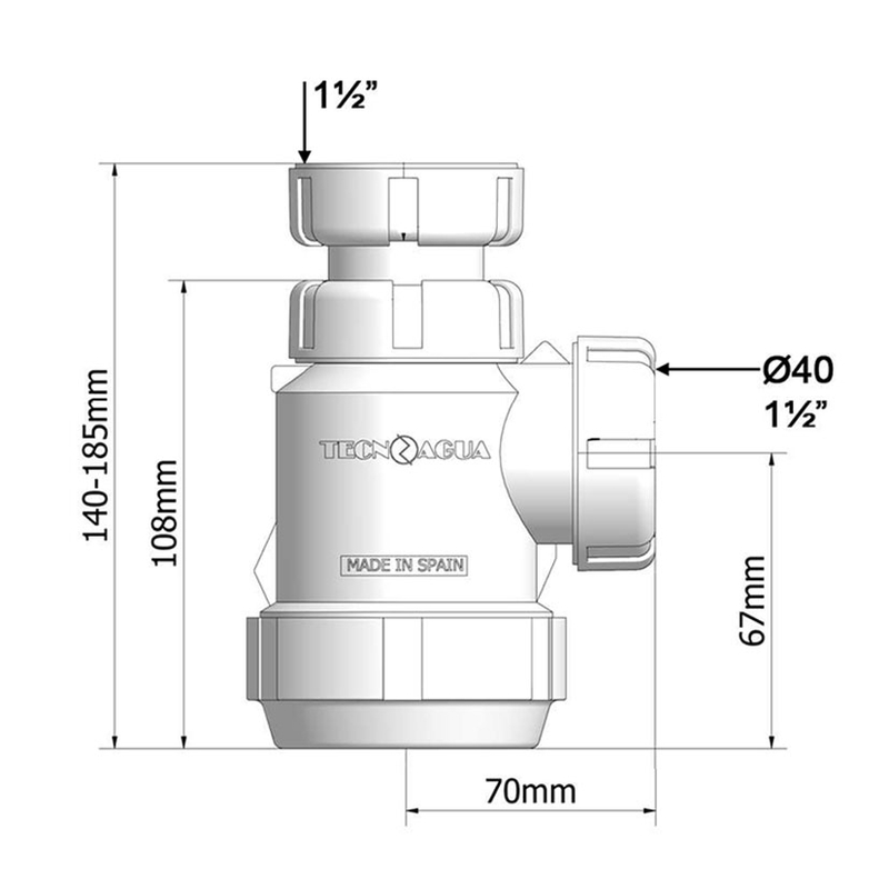 Sifón de Botella, Con Salida de Ø40 mm, Con Racor de 1 1/2 x 70, Válvula para Lavabo y Bidé, Fabricado en Polipropileno
