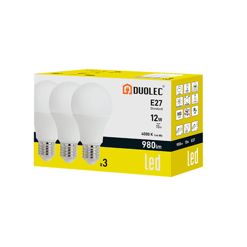 Pack 3 bombillas Led estándar DUOLEC E27 luz día 12W | Ferreterías cerca de  ti - Cadena88