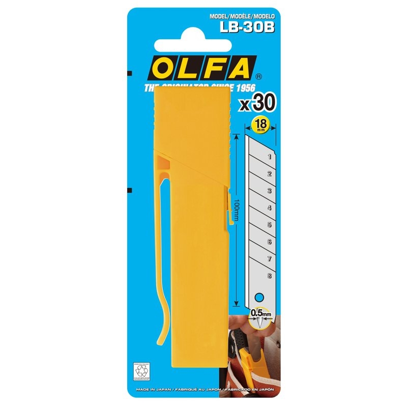 Cuchillas troceables de 18 mm en caja de plástico con clip Olfa