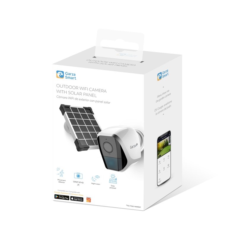 Garza ® Smarthome - Cámara De Vigilancia Exterior Wifi Con Panel Solar